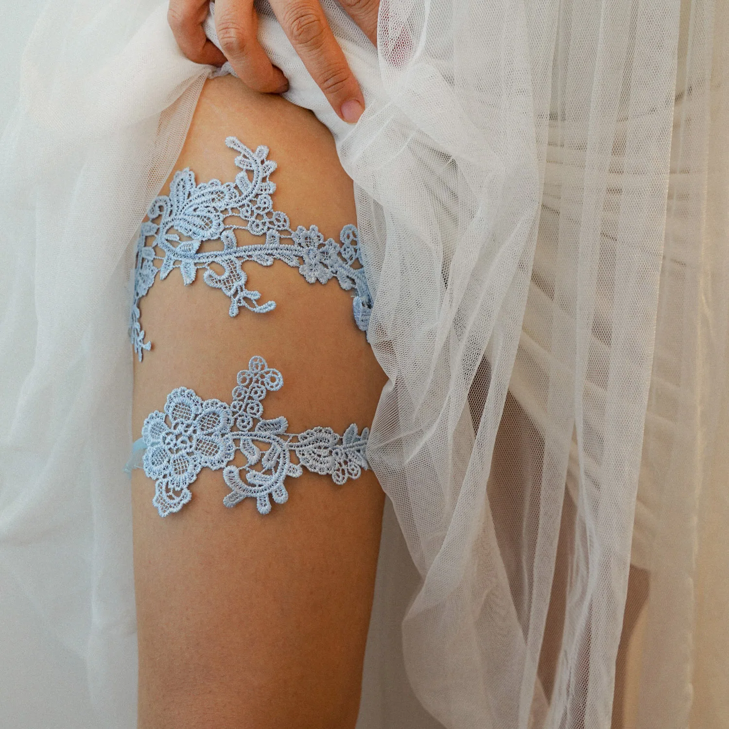 Garter Belt Set - Hemelsblauwe Bruiloft Kousenbanden Set Kant Applicaties