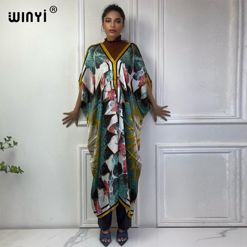Robe Silk Women - Winyi Zomer Afrikaanse V-Hals Jurk Bedrukt